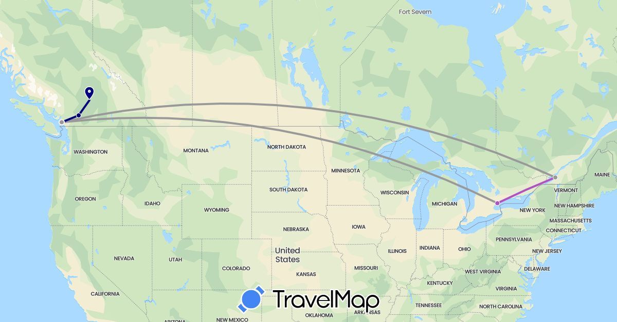 TravelMap itinerary: driving, plane, train in Canada (North America)